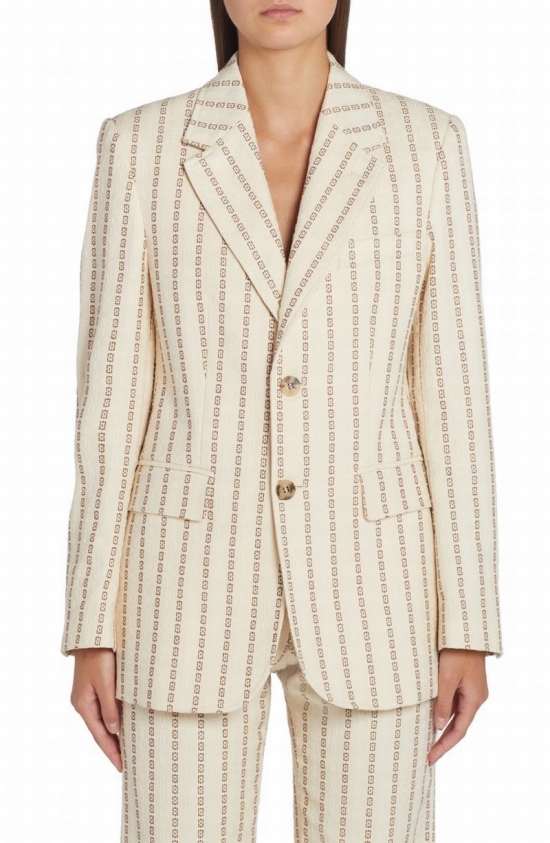 Geometric Embroidered Stripe Cotton Canvas Blazer In Neutrals