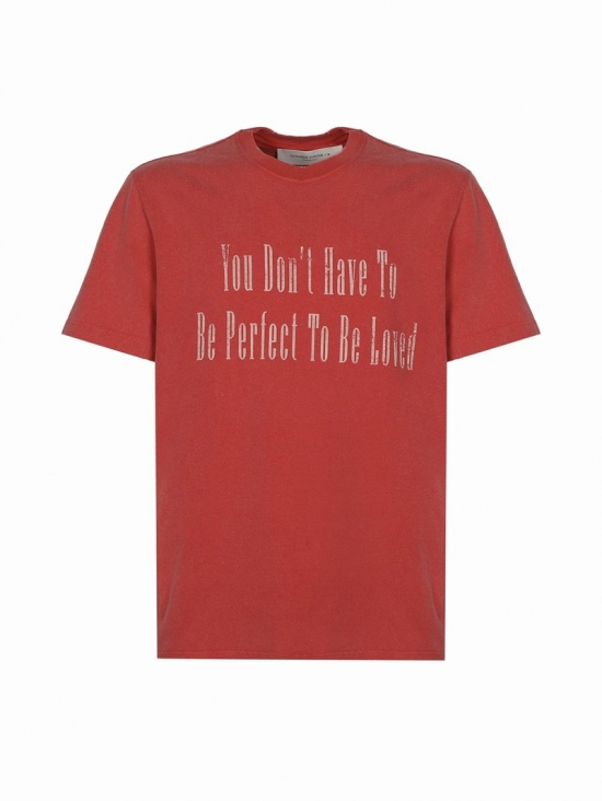 T-shirt With Printed Lettering In Tango Red/ Ecru