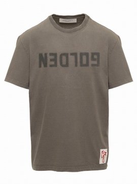 Anthracite Grey Distressed T-shirt With Logo Man In Green