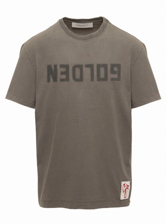 Anthracite Grey Distressed T-shirt With Logo Man In Green