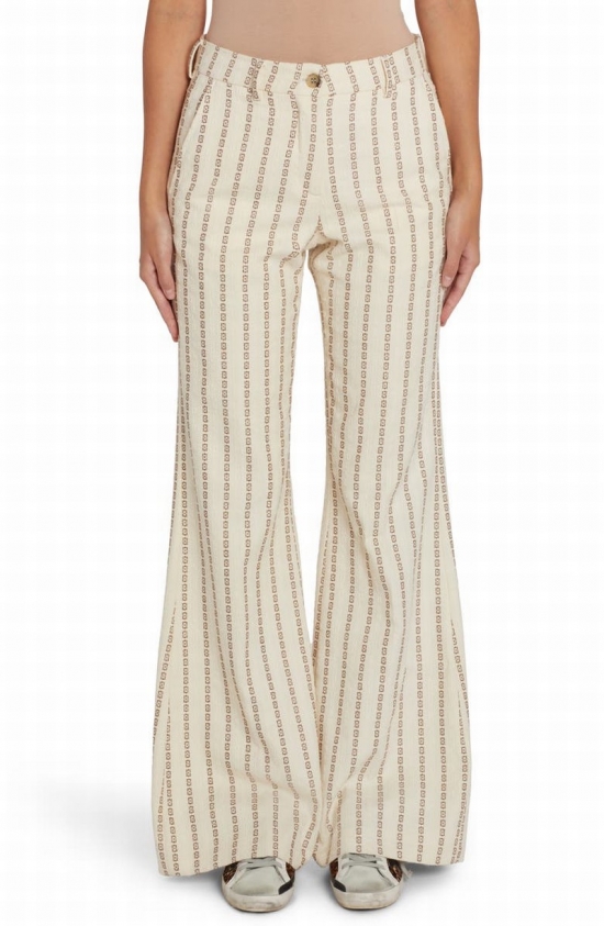 Geometric Embroidered Stripe Cotton Wide Leg Pants In Lambs Wool/ Coffe Iron