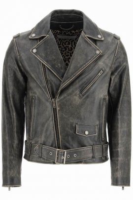 Distressed Leather Biker Jacket In Black