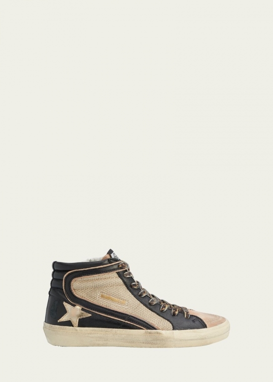 Slide Mid-top Mixed Leather Sneakers In Beige/black/nouga