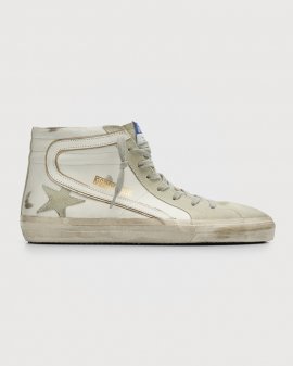 Men's Slide Zip Leather High-top Sneakers In White/ice