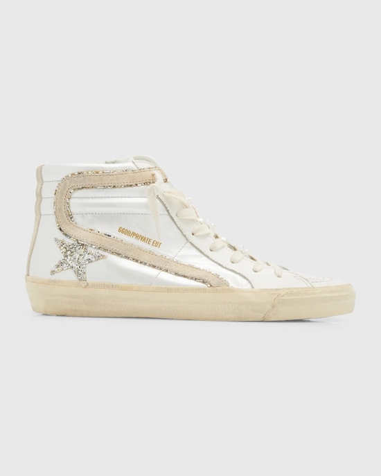 Slide Leather Pearly Mid-top Sneakers In White Platinum Se