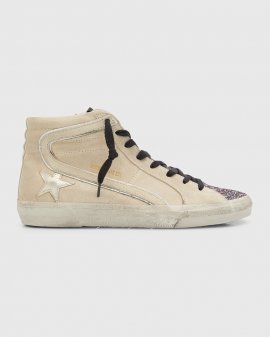 Slide Mid-top Glitter Suede Sneakers In Beige Multicolor