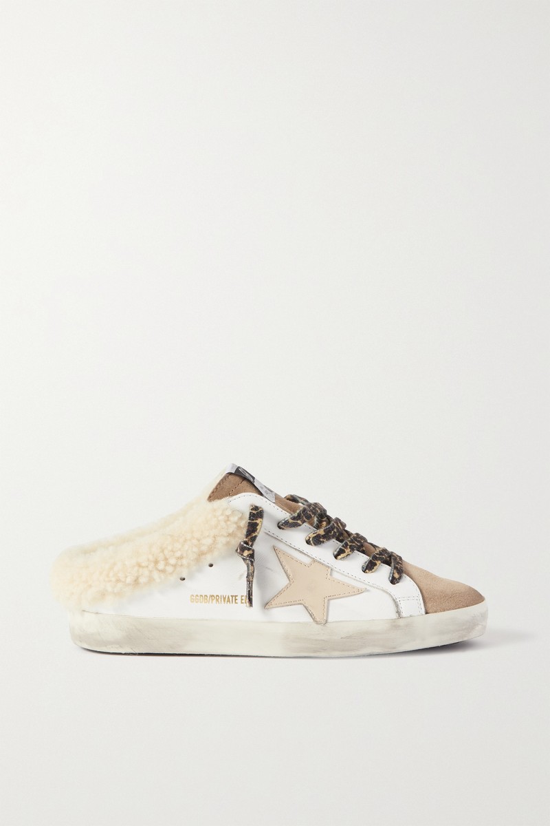 Superstar Sabot Shearling-lined Distressed Leather And Suede Slip-on Sneakers In White