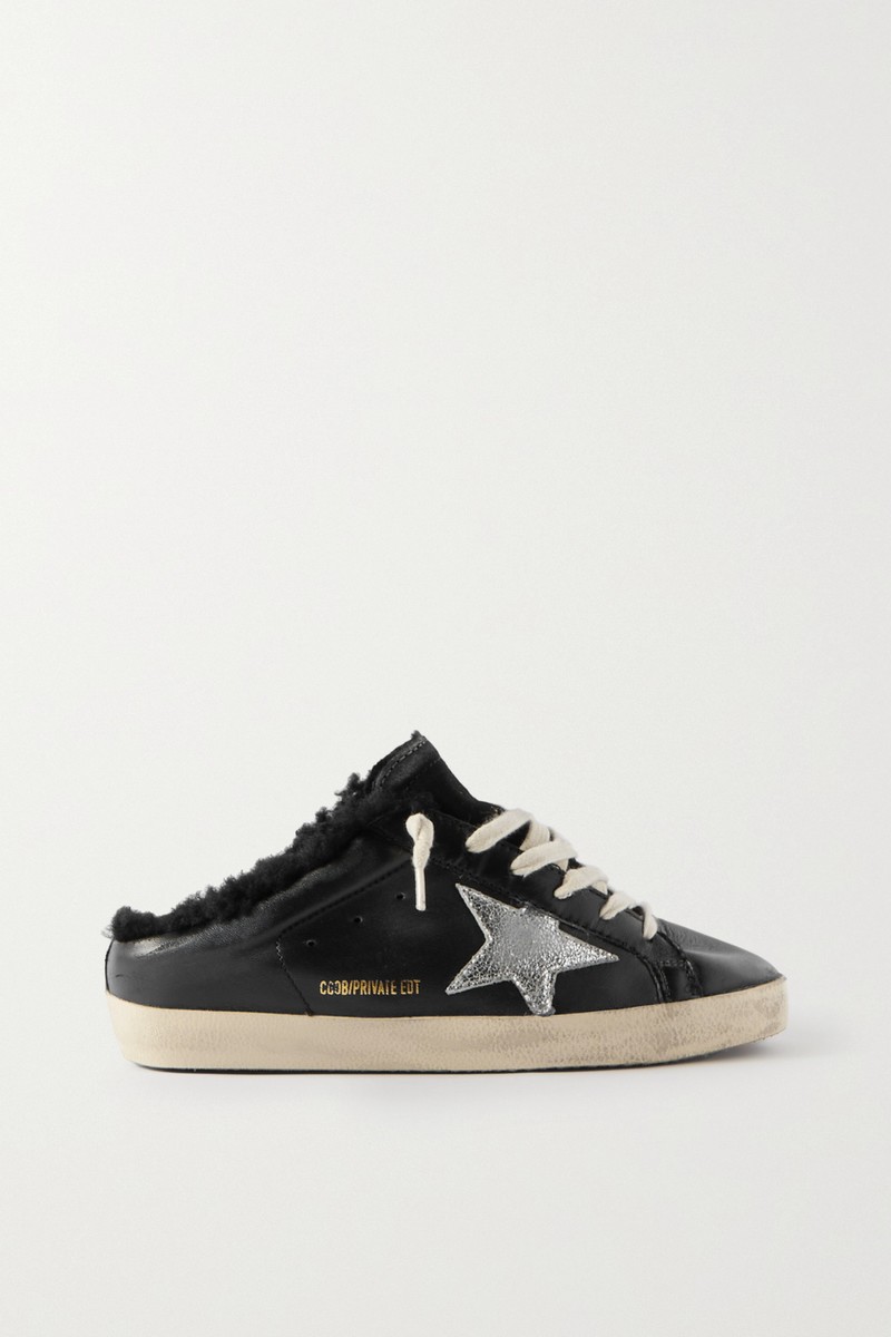 Super-star Sabot Distressed Shearling-lined Leather Slip-on Sneakers In Black